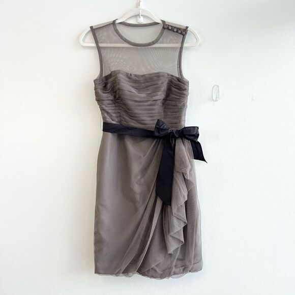 White by Vera Wang Gray Sheer Mini Bridesmaid Dress Illusion Neckline Belted 2 - Picture 3 of 14